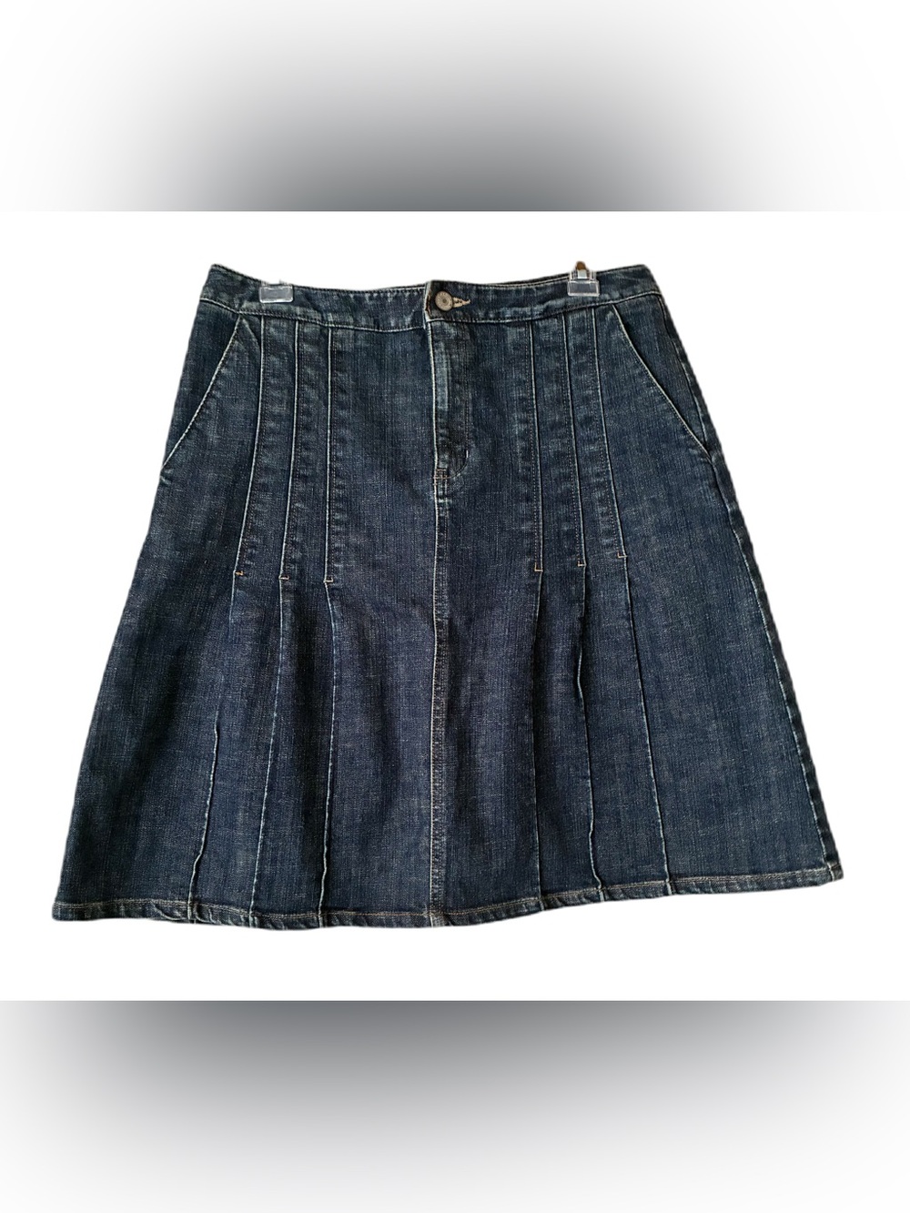Eddie Bauer Denim Skirt, Sz. 8, A-Line, Pleats Front & Back, Pockets